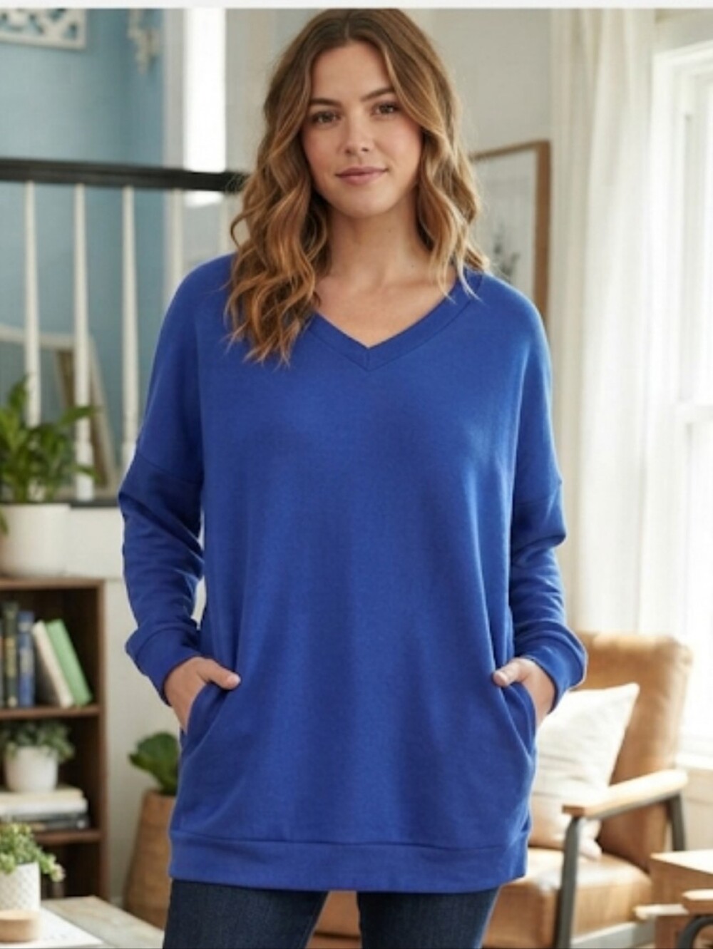Zenana Outfitters V-Neck Sweater in Cobalt Blue With Pockets